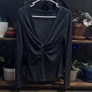 SHEIN Black Ribbed Twist Front Blouse